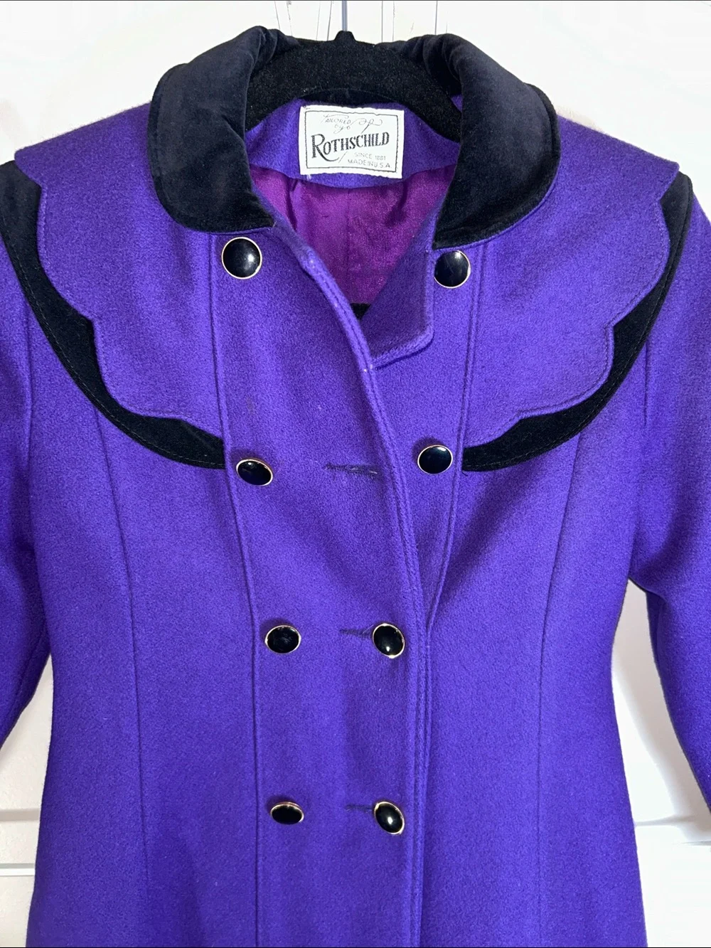 Vintage Rothschild Vibrant Purple Double-Breasted Wool Coat with Black Trim